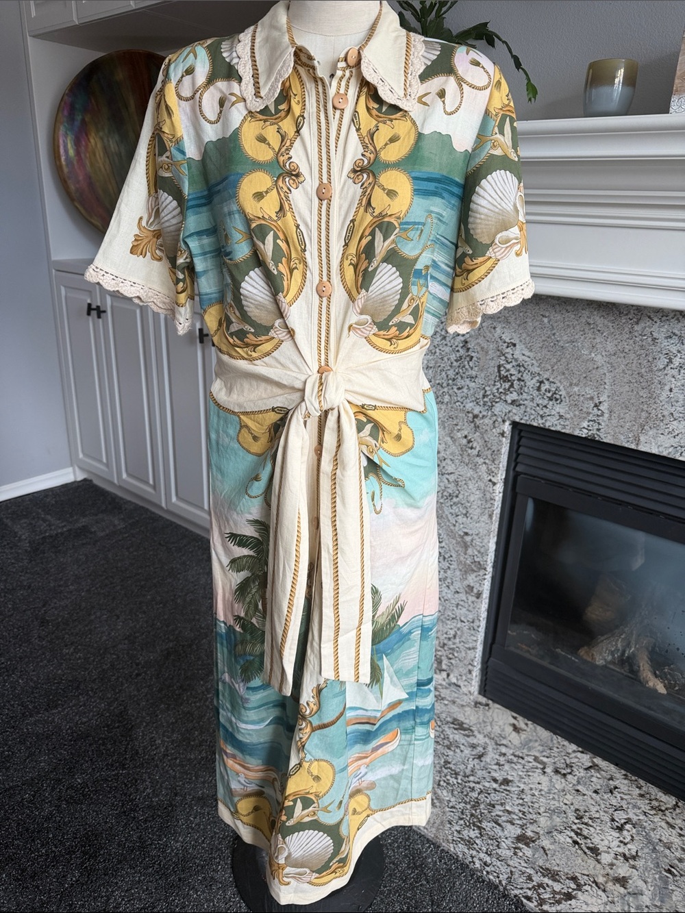 Farm Rio Printed Tie-Front Midi Dress in Teal and Cream